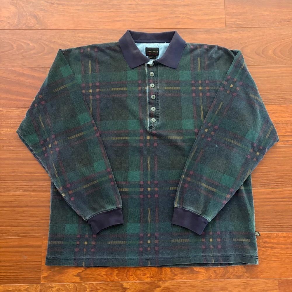 Structure Mens Polo Rugby Shirt Size M Plaid Long Sleeve Vintage 90s Cotton